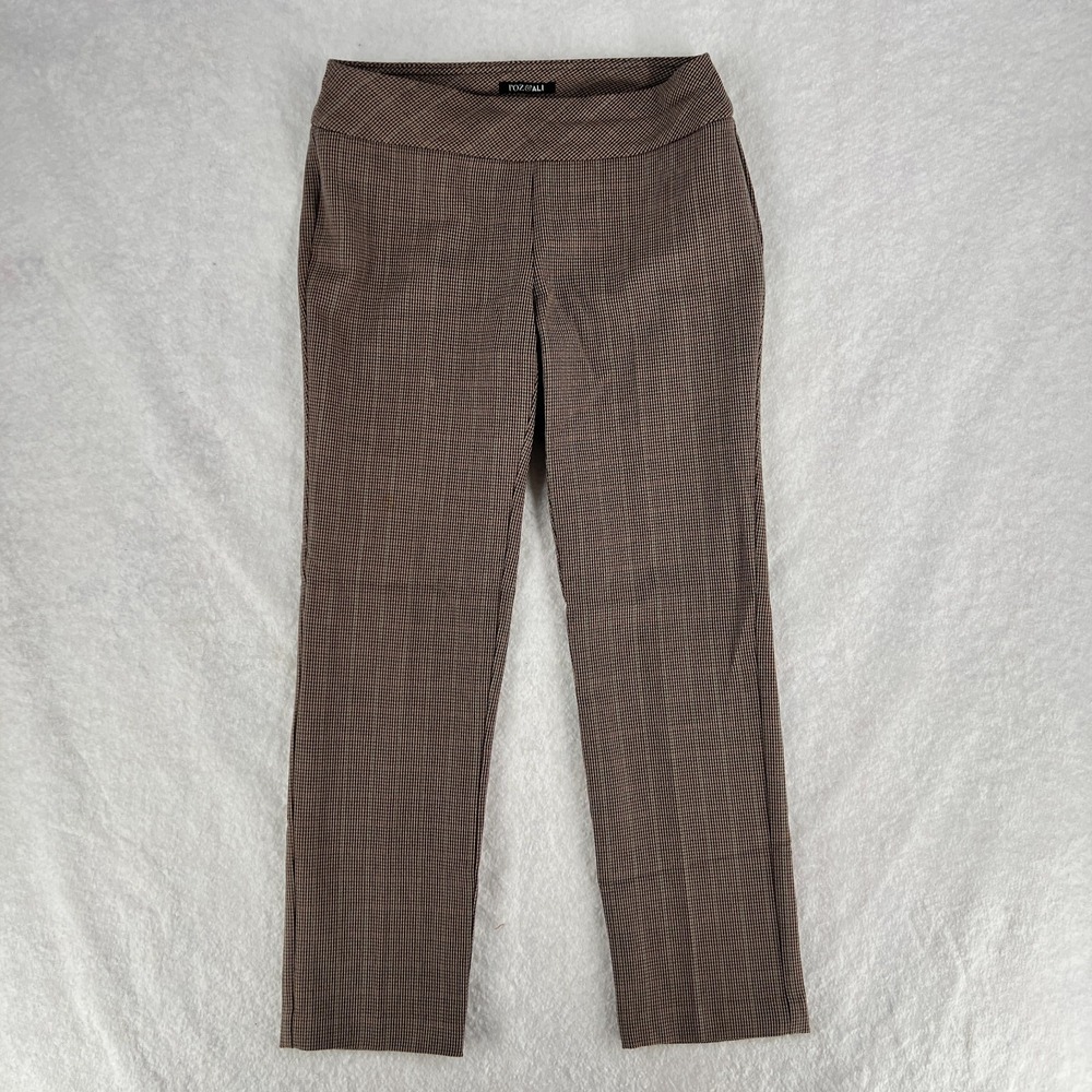 Roz & Ali Pants Womens 4 Petite Brown Micro Houndstooth Stretch‎ Straight Leg